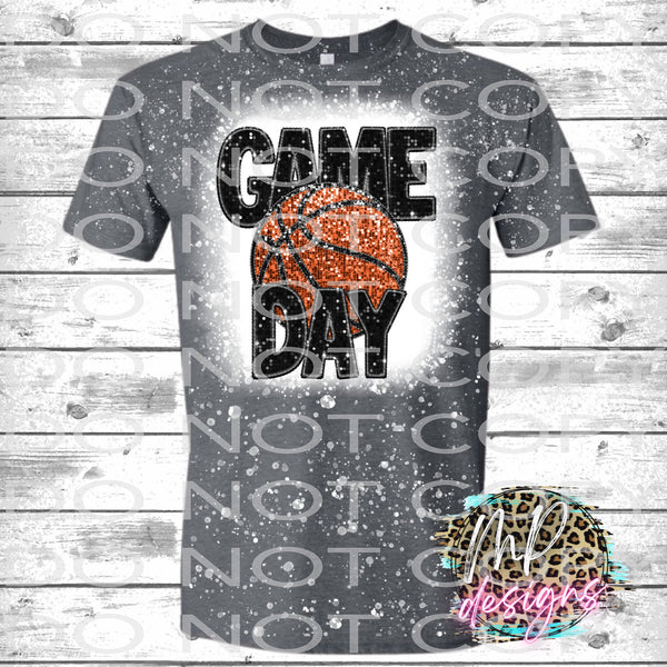 BASKETBALL GAME DAY FAUX GLITTER BLEACHED T-SHIRT