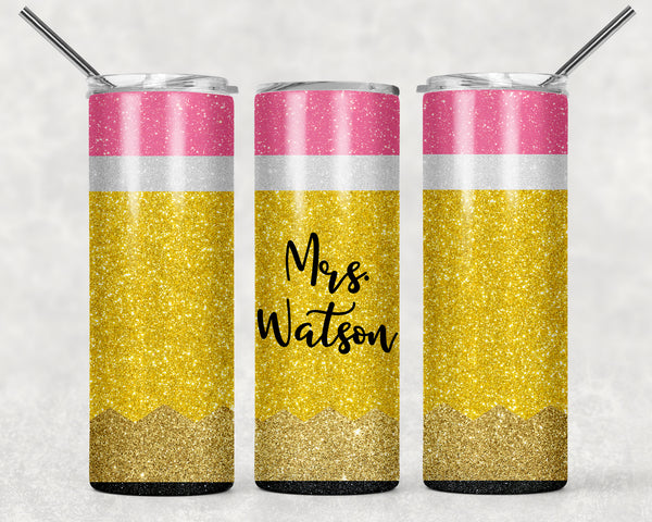 TEACHER PENCIL GLITTER PERSONALIZED 20 OZ TUMBLER