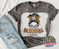BASEBALL MOM LEOPARD MESSY BUN BLEACHED T-SHIRT