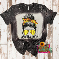 SOFTBALL MOM MESSY BUN SOFTBALLS BLEACHED T-SHIRT