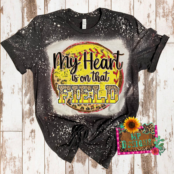 SOFTBALL MY HEART IS ON THE FIELD BLEACHED T-SHIRT